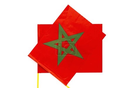 Photo for Background of Flags of Morocco on white background from above. Flat lay. top view. Concept of soccer team in the world cup. Isolated - Royalty Free Image