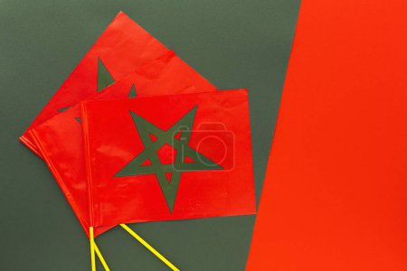 Photo for Background of Flags of Morocco on colors background from above. Flat lay. top view. Concept of soccer team in the world cup - Royalty Free Image