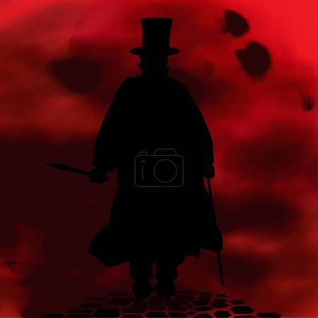 Photo for Jack the Ripper on the cobble streets of London set on a dark red background - Royalty Free Image