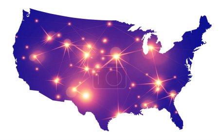 Photo for An outline silhouette map of The United States of America over a white background with inset fireworks - Royalty Free Image