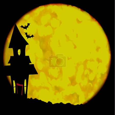 A haunted house background over a large halloween bright full moon