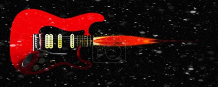 Téléchargez les photos : Une fusée de guitare électrique rouge jaillissant des flammes d'échappement du cou comme une fusée spatiale. - en image libre de droit