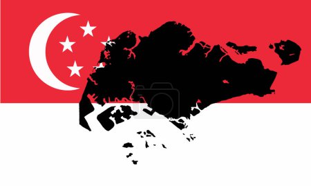 Outline map of the SIngapore Islands set over the national flag