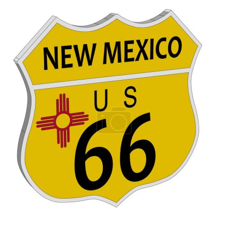 Illustration for Route 66 traffic sign over a white background and the state name New Mexico and flag in 3D - Royalty Free Image