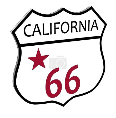 Illustration for Route 66 traffic sign over a white background and the state name California in 3D - Royalty Free Image