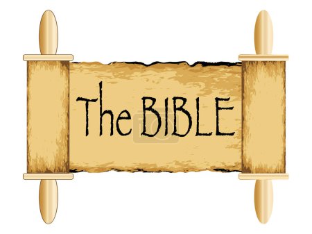 Illustration for An ancient religious parchment scroll with wooden handles and the text The Bible - Royalty Free Image