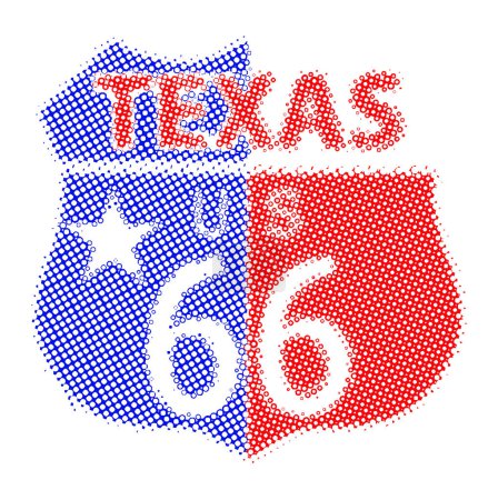 Illustration for Route 66 traffic sign halftone set over a white background and the state name Texas with flag - Royalty Free Image