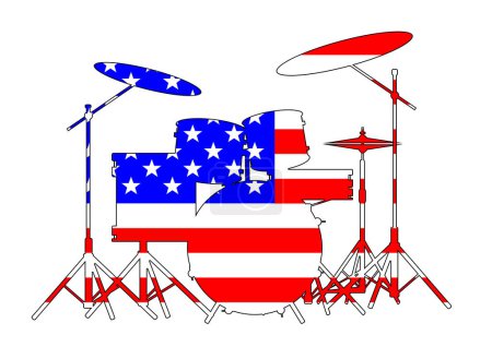 Téléchargez les illustrations : Silhouette d'un kit de batterie de groupes rock isolé sur fond blanc et encastré avec drapeau Old Glory étoiles et rayures - en licence libre de droit