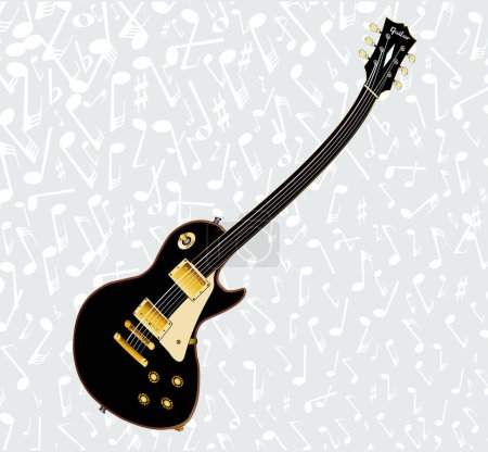 Ilustración de Una típica guitarra rock deformada en abstracto con notas musicales de fondo - Imagen libre de derechos