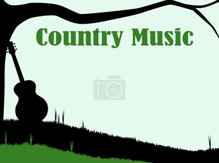 Illustration for Silhouette of a branch stretching out over a meadow with the silhouette of a guitar and the text Country Music - Royalty Free Image