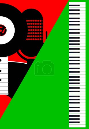 Illustration for A typical 45 rpm vinyl record with mic and guitar set ovr a green and red shadow background. - Royalty Free Image