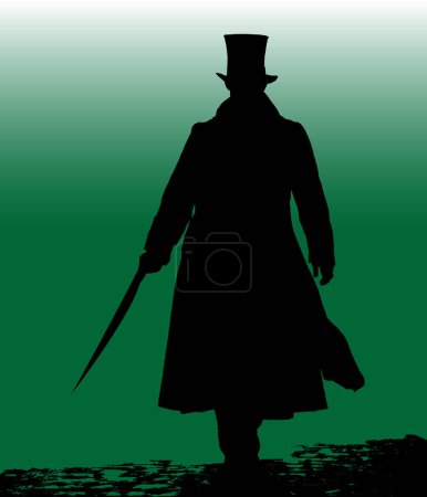 Illustration for Jack the Ripper with long blade in silhouette over a green background. - Royalty Free Image