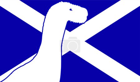 Illustration for The official flag for Scotland with cartoon silhouette of Nessie the Loch Ness Monster - Royalty Free Image
