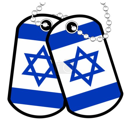 Téléchargez les illustrations : Une paire d'étiquettes de chien militaire avec une chaîne sur un fond blanc montrant le drapeau national israélien - en licence libre de droit