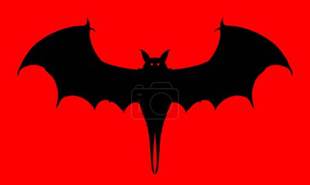 Illustration for A black vampire bat flying with outstreched wings isolated on a red background. - Royalty Free Image