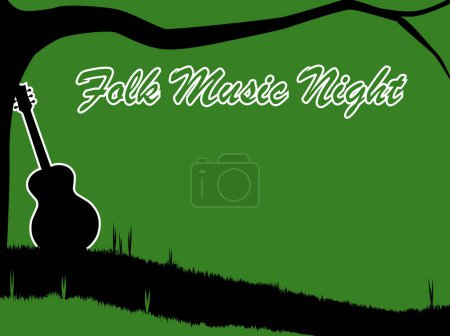 Illustration for Silhouette of a branch stretching out over a meadow with the silhouette of a guitar and the text Folk Music Night - Royalty Free Image