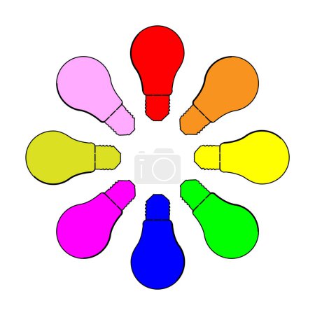 Illustration for Multi colored cartoon light bulb shapes all set over a white background - Royalty Free Image