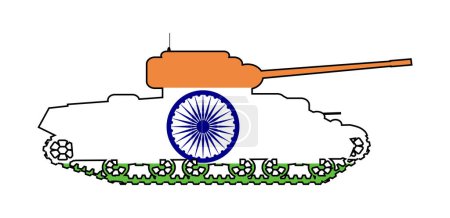 Illustration for An outline silhouette of typical India battle tank showing the Indian flag icons and colors isolated over a white background - Royalty Free Image