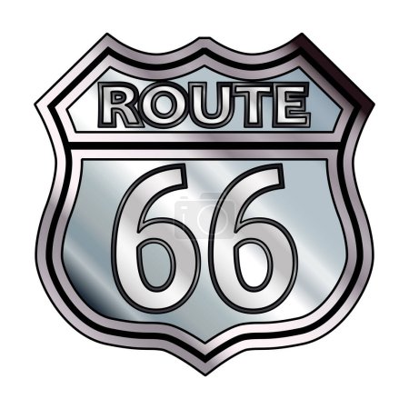 Illustration for Route 66 spoof traffic sign in silver over a white background and the legend ROUTE 66 - Royalty Free Image