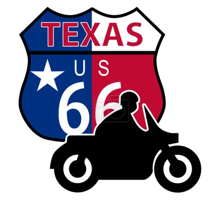 Illustration for A motorbiker touring route 66 with Texas traffic in the flag colors a white background - Royalty Free Image