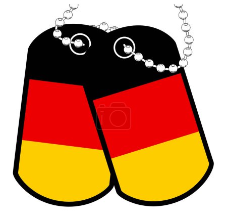 Illustration for A pair of Germany military dog tags with chain over a white background showing the German national flag - Royalty Free Image