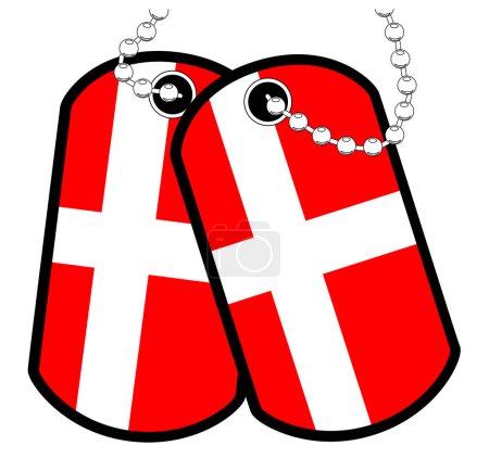 Téléchargez les illustrations : Une paire d'étiquettes de chien militaire danois avec chaîne sur un fond blanc montrant le drapeau national du Danemark - en licence libre de droit