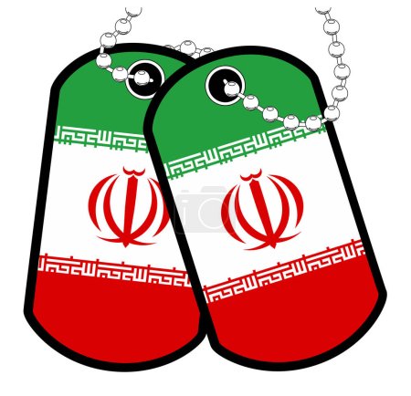 Illustration for A pair of Iranian military dog tags with chain over a white background showing the Iran national flag - Royalty Free Image