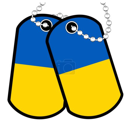 Illustration for A pair of Ukraine military dog tags with chain over a white background showing the Ukraine yellow and blue national flag - Royalty Free Image