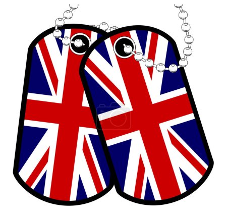 Illustration for A pair of UK military dog tags with chain over a white background showing the Union Jack red white and blue national flag - Royalty Free Image