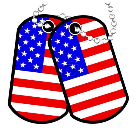 Illustration for A pair of military dog tags with chain over a white background showing the USA Stars and Stripes national flag - Royalty Free Image