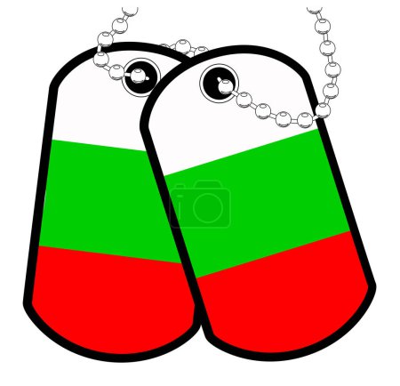 Illustration for A pair of Bulgarian military dog tags with chain over a white background showing the Bulgaria national flag - Royalty Free Image