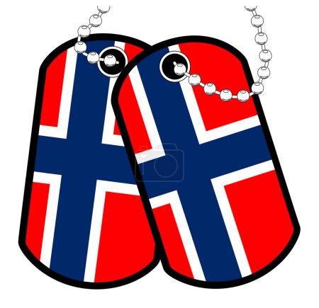 Illustration for A pair of Norwegian military dog tags with chain over a white background showing the Norway national flag - Royalty Free Image