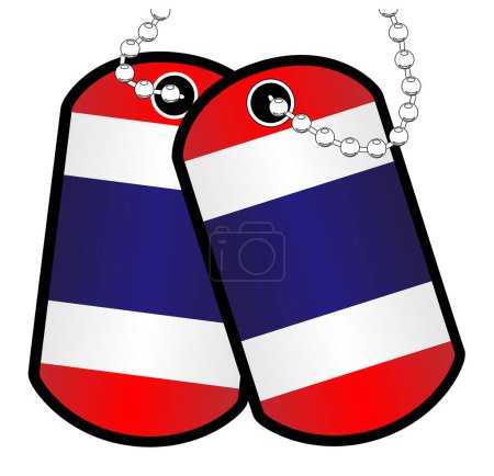 Une paire d'étiquettes de chien militaire anglais avec chaîne sur un fond blanc montrant le drapeau national thaïlandais