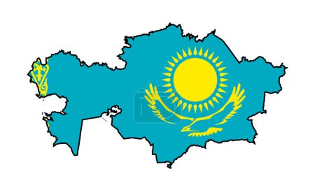 Téléchargez les illustrations : Carte de silhouette noire du Kazakhstan isolée sur un fond blanc avec l'encart du drapeau national - en licence libre de droit