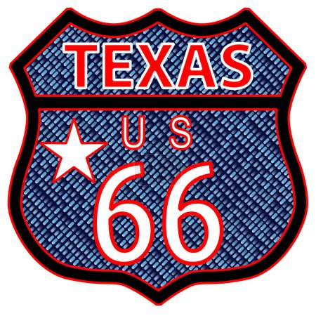 Illustration for Route 66 traffic sign over a white background and the state name Texas with flag - Royalty Free Image