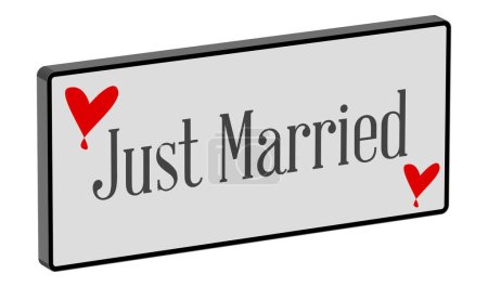 A just married plaque in white over a white background with love cartoon hearts in 3D