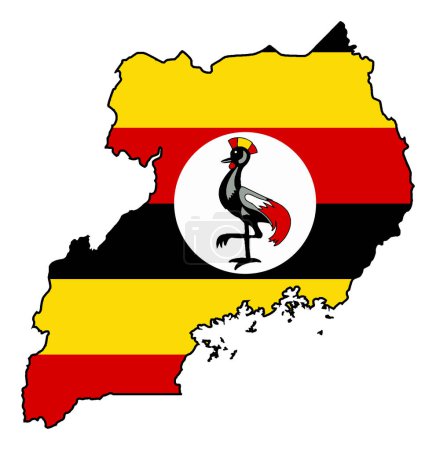 Uganda umreißt Silhouettenkarte mit der Nationalflagge vor weißem Hintergrund