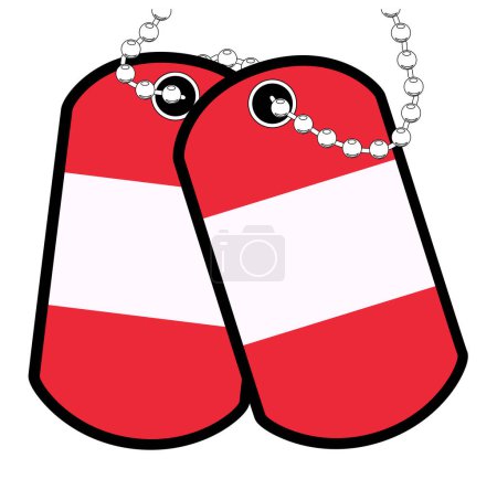 A pair of Austrian military dog tags with chain over a white background showing the Austria national flag colors
