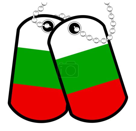 A pair of Bulgarian military dog tags with chain over a white background showing the Bulgaria national flag colors