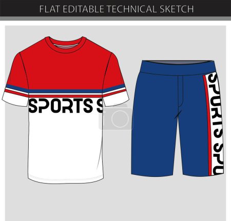 Illustration for T-shirt and shorts colour blocks red white blue combo set template mock-up vector file - Royalty Free Image