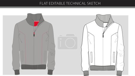 Illustration for Long sleeve jacket with zipper outlined cut and sew  vector flat sketch template - Royalty Free Image