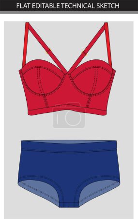 Illustration for Women's underwear sets. Vector illustration of a red bra and panties. Flat sketch. - Royalty Free Image