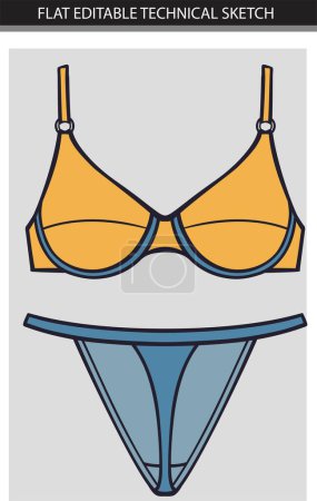 Yellow and blue bikini sketch set vector fashion illustration. 