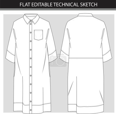 Fashion technical sketch of boxy sleeve collar dress with shirt style. Vector illustration.
