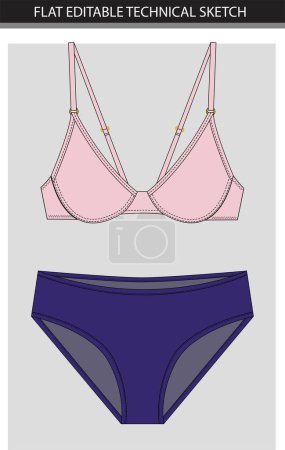 Lingerie design flat sketch set pink purple background, vector illustration