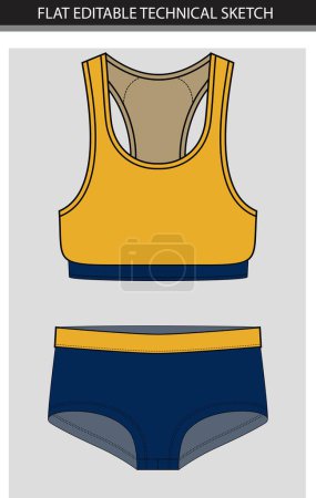 Yellow navy sports bra set, summer bikini, vector flat sketch. 