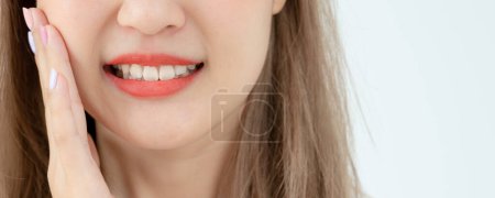 Photo for Asian woman feel toothache from gingivitis, female suffer tooth, decay problems, dental care. sensitive tooth, decay problem, bad breath, Gingival Recession, Oral Hygiene instruction, tooth extraction - Royalty Free Image