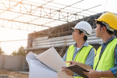 Engineers use blueprint check construction on site. Contractor and inspector inspection construction during project.civil Forman check quality assurance. Audit, inspect, quality control. Mouse Pad 652850902