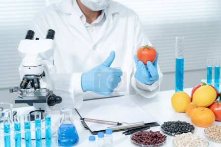 Scientist guaranteer no chemical on fruit residues in laboratory. Control experts inspect the concentration of chemical residues, standard, find prohibited substances, contaminate, Microbiologist