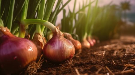 Photo for Close up of fresh onion on green background. fresh onions growing in soil. - Royalty Free Image